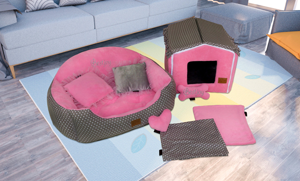Wholesale Gray Cotton Polka Dots Baby Pink Fleece Pet Bedding Set Princess Dog House Cushion Sofa Luxury Designer Cat Furniture Puppy Rabbit Bed With Two Blankets Heart Shape Pillows Bone Shape Toys