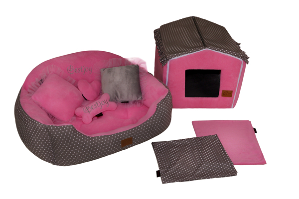 Wholesale Gray Cotton Polka Dots Baby Pink Fleece Pet Bedding Set Princess Dog House Cushion Sofa Luxury Designer Cat Furniture Puppy Rabbit Bed With Two Blankets Heart Shape Pillows Bone Shape Toys