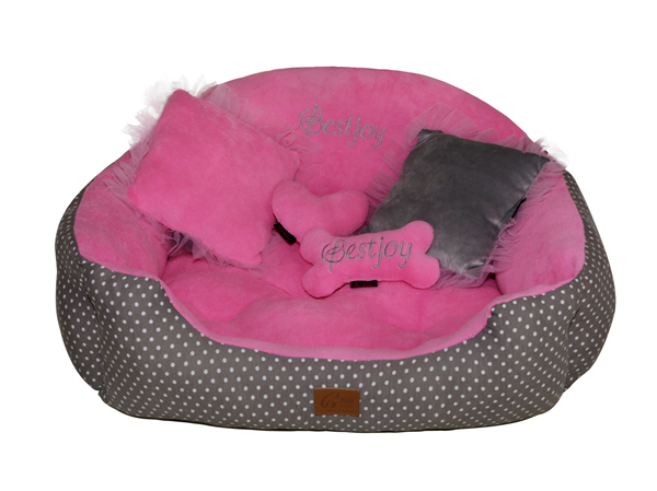 Wholesale Gray Cotton Polka Dots Baby Pink Coral Fleece Pet Bed Princess Dog House Cushion Sofa Luxury Designer Cat Furniture Puppy Rabbit Bed With Quilted Reversible Cushion Pillow Mat