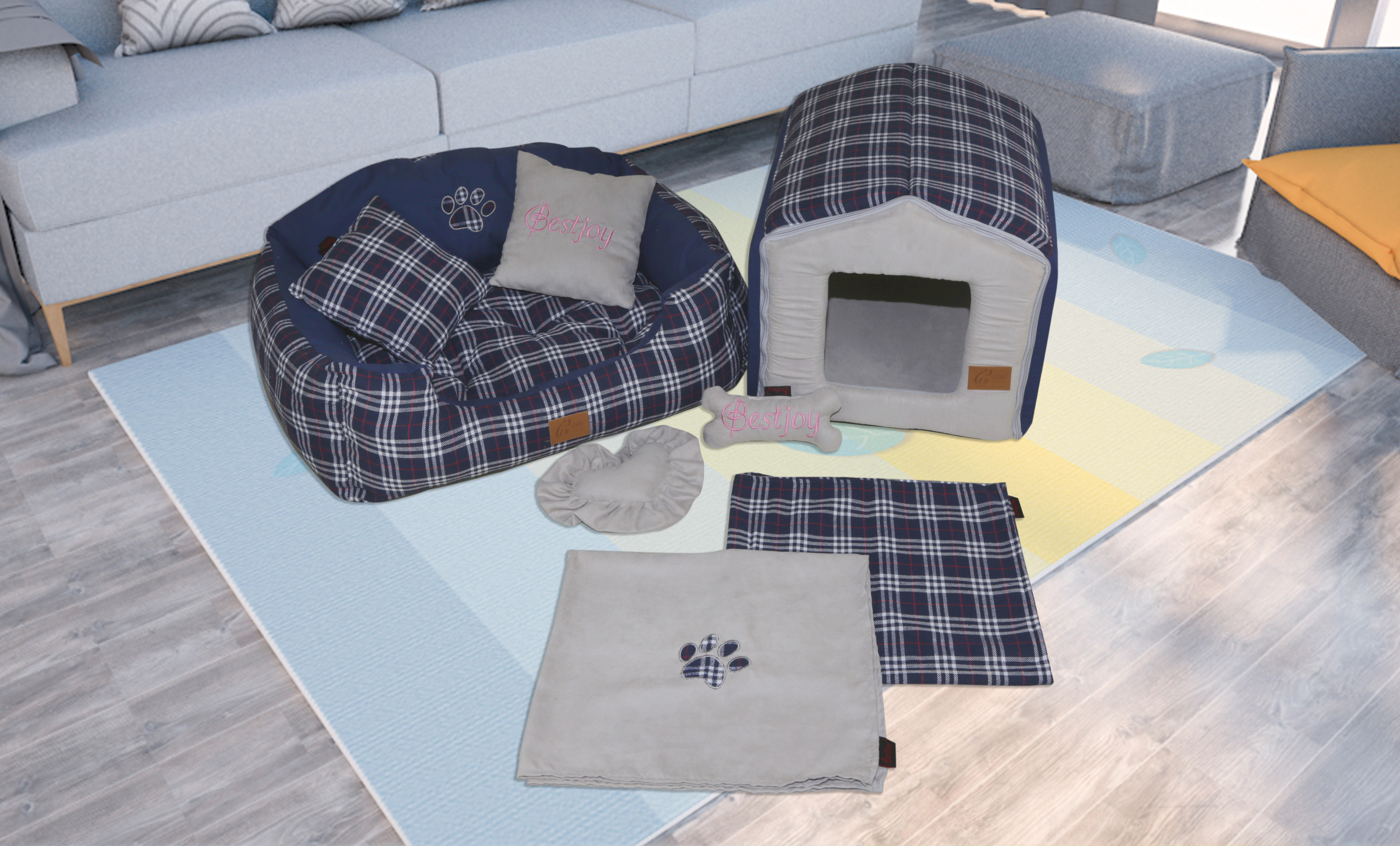 Designer Pet Bed in Gray Navy England Blue Tartan Plaid Cotton Prince Dog Bed Cat Sofa Custom Handmade Cushion Puppy House Pet Birthday Gift With Paw Applique Blanket Heart Shape Pillow Bone Shape Toy