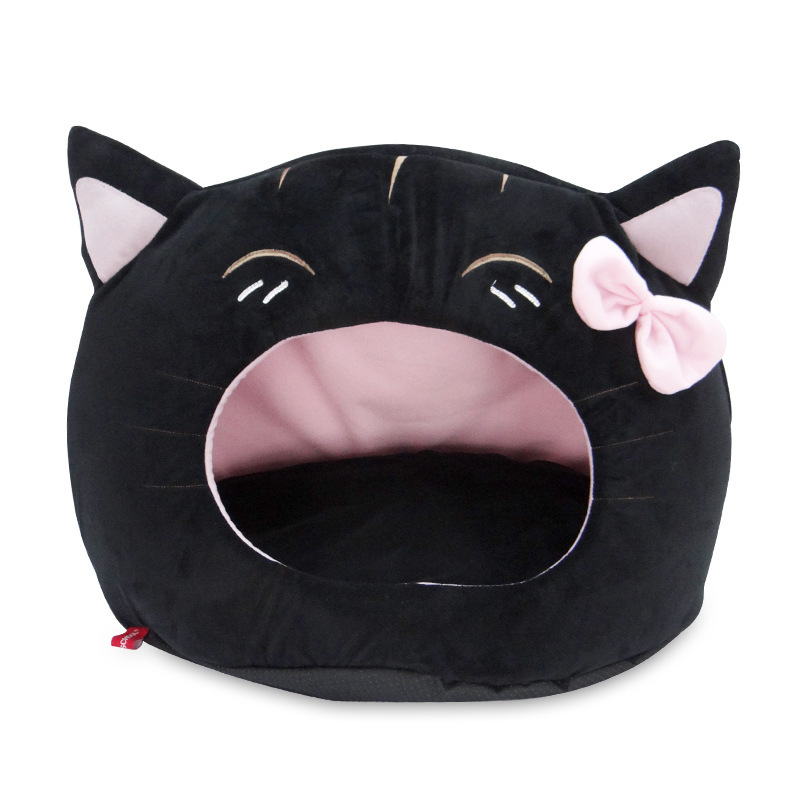 Hot Sale Novelty Cat Smiling Face Pet Bed House Portable Dog Puppy Cave Nest Cat Cartoon Cuddler Sofa with Removable Cushion Mat Embroidery Bow Tie Patented Style for Wholesale