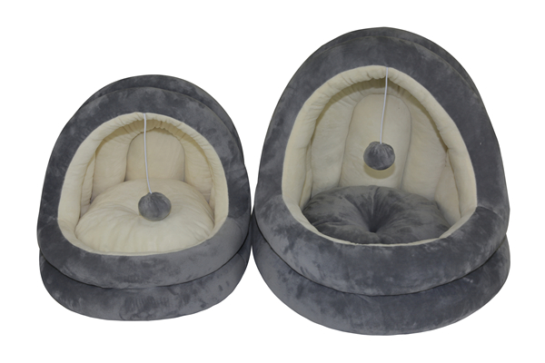 Wholesale Manufacturer OEM Cream and Grey Cat Bed House Dog Sofa Couch Round Pet Cradle Cuddler Super Soft Comfortable Cute Cat Bed Cushion Pet Nesting Cave with Interactive Playing Ball