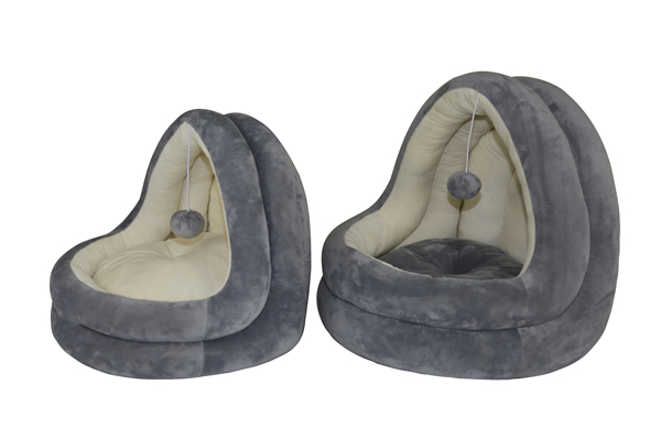 Wholesale Manufacturer OEM Cream and Grey Cat Bed House Dog Sofa Couch Round Pet Cradle Cuddler Super Soft Comfortable Cute Cat Bed Cushion Pet Nesting Cave with Interactive Playing Ball