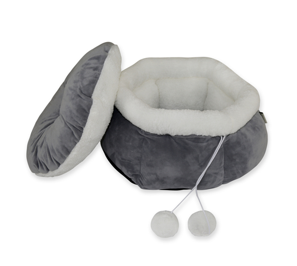 Manufacturer Pumpkin Shape Grey Velvet Cat Bed House Dog Sofa Couch Round Pet Cuddler Bed Soft Comfortable Washable Pet Nesting Cave with Interactive Playing Ball and Reversible Cushion Mat Wholesale