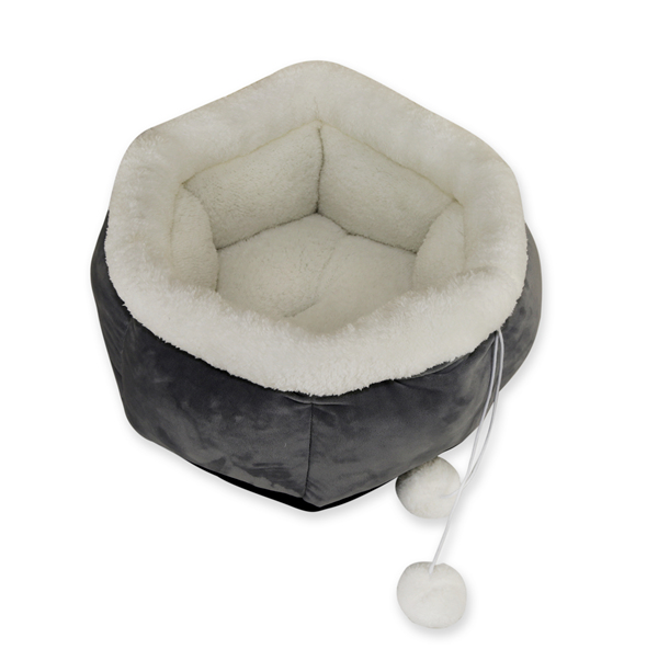 Manufacturer Pumpkin Shape Grey Velvet Cat Bed House Dog Sofa Couch Round Pet Cuddler Bed Soft Comfortable Washable Pet Nesting Cave with Interactive Playing Ball and Reversible Cushion Mat Wholesale